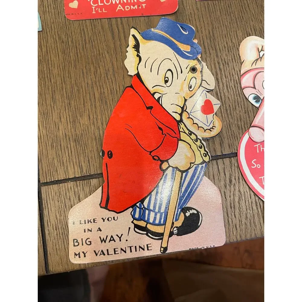 Lot of 14 Vintage Die Cut Valentine Cards Mechanical Children Animals Clown